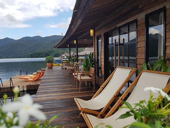 terrace at the riverside. house in the lake. boathouse at mountain float chiangmai, Thailand